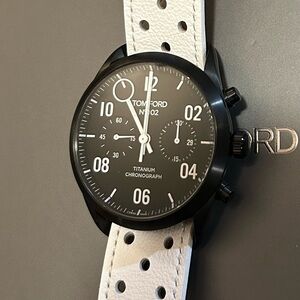 Tom Ford N002 Automatic Watch With 43mm Black Face & White Leather Band